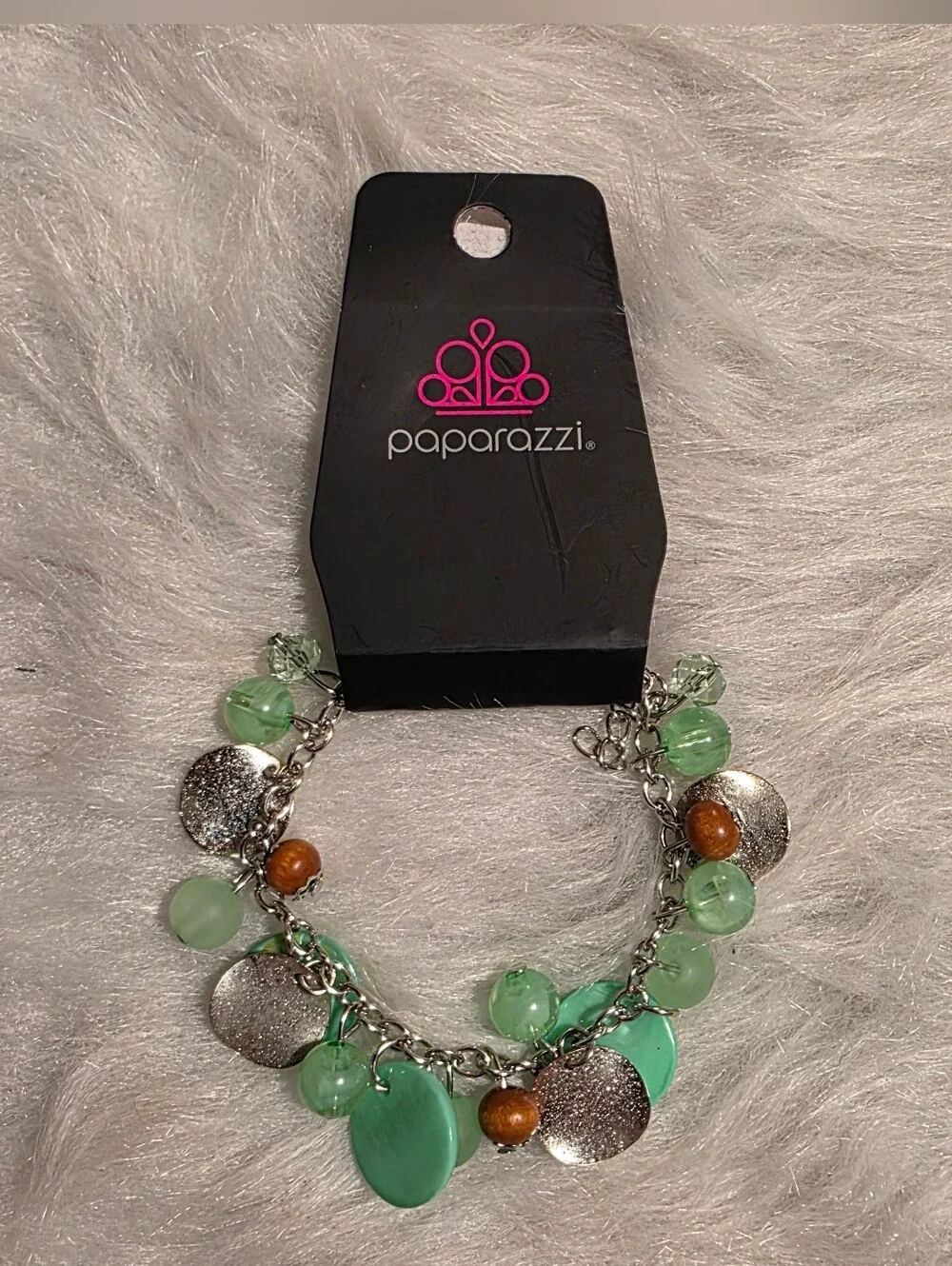 paparazzi Mint Green and Silver Charm Bracelet with Brown Accents